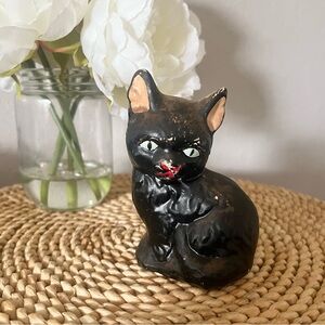 Vintage Chalkware Black Cat Figurine - Mid-Century Kitsch Halloween Decor